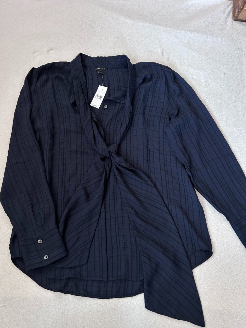 Ann Taylor Navy Plaid Tie-Neck Blouse | Women's Medium | NWT